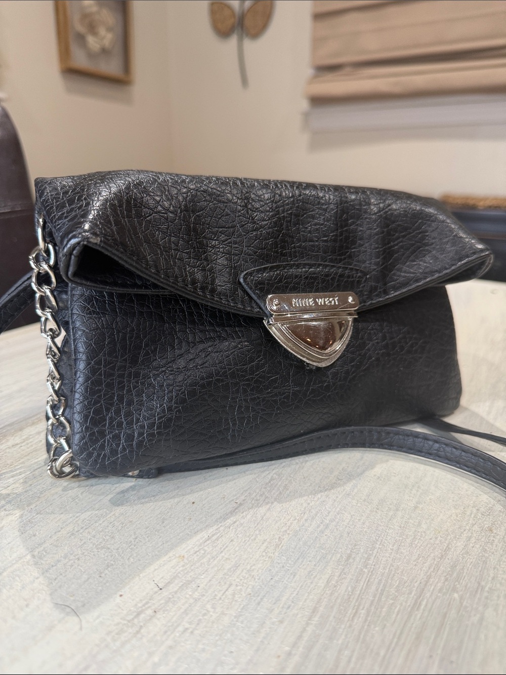 Vintage Nine West Black Fold-Over Crossbody with Chain Strap